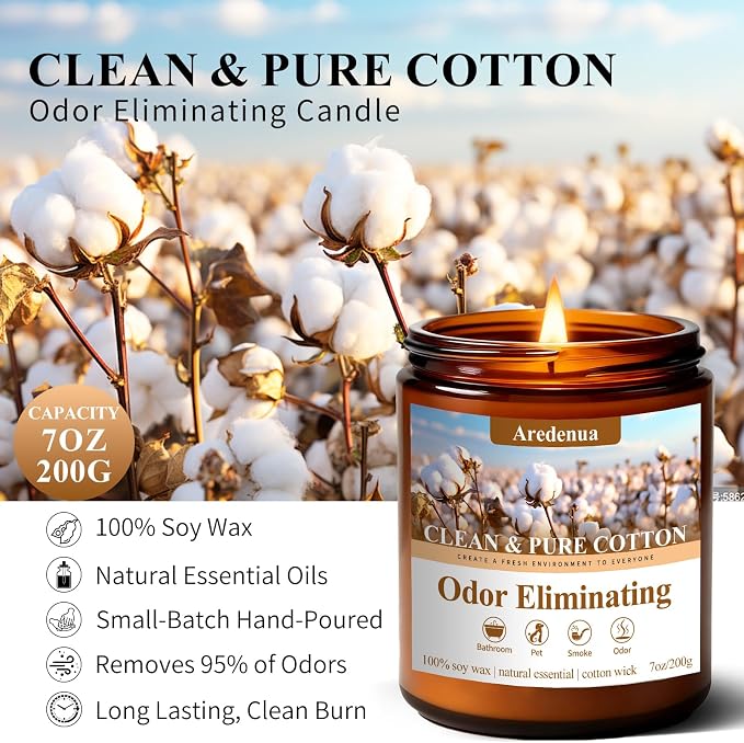 Clean Cotton Odor Eliminating Candles, 7 oz Soy Scented Candle | Eliminates 95% - Image 4