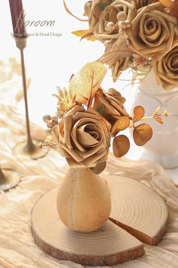 Artificial Flowers 25pcs Real Looking Antique Gold Foam Fake Roses - Image 4