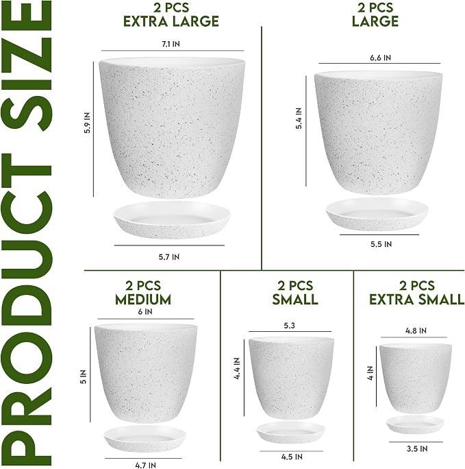Plant Pots Indoor with Drainage 10 Pack Multi-Size Planters Set Spotty Grey | - Image 2