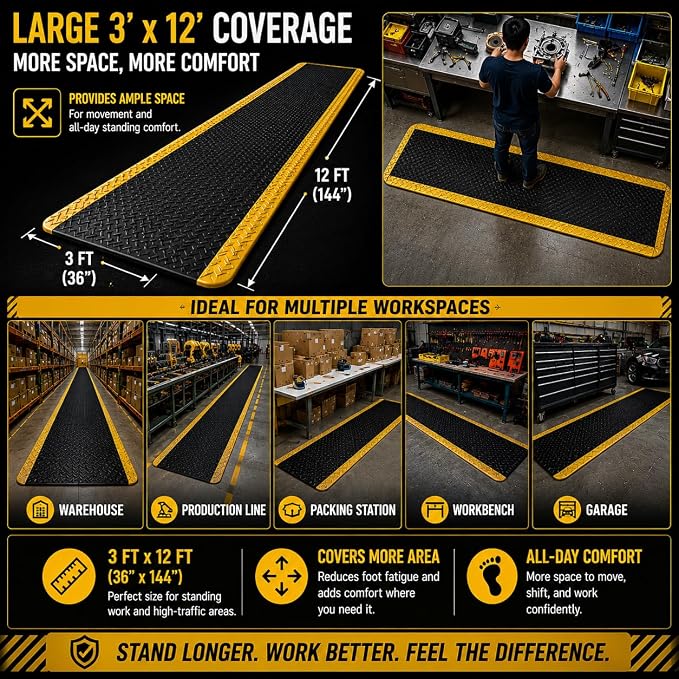 3' x 12' ESD Anti-Fatigue Conductive Mat, Durable Heavy Duty Diamond Plate - Image 2