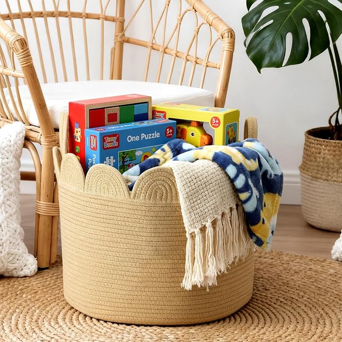 LemonRoad Round Woven Basket Brown, Cotton Rope Scalloped Edge Tassels - Image 5