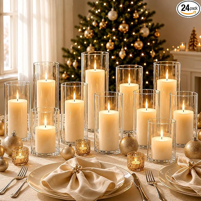 24 PCS Ivory White Pillar Candles and Glass Cylinder Vases Hurricane Glass by PNJHDZ
