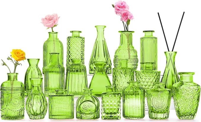Green Glass Bud Vase Set, Mini Single Vintage Style by QLOFEI
