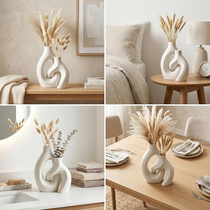 White Ceramic Vase Set of 2, Hollow Oval Flower Vases - Image 5