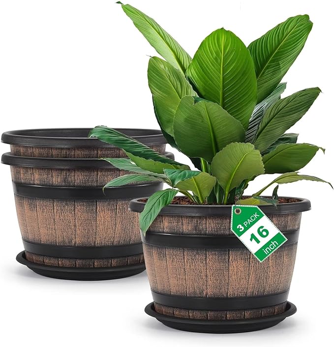 Quarut Large Plastic 3 Pack16 inch Plant Pots, Whiskey Barrel Planters by Quarut