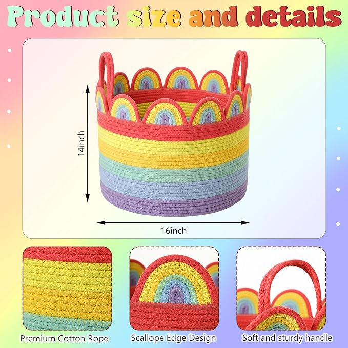 LemonRoad Round Woven Basket Bright Rainbow, Cotton Rope Scalloped Edge Tassels - Image 2