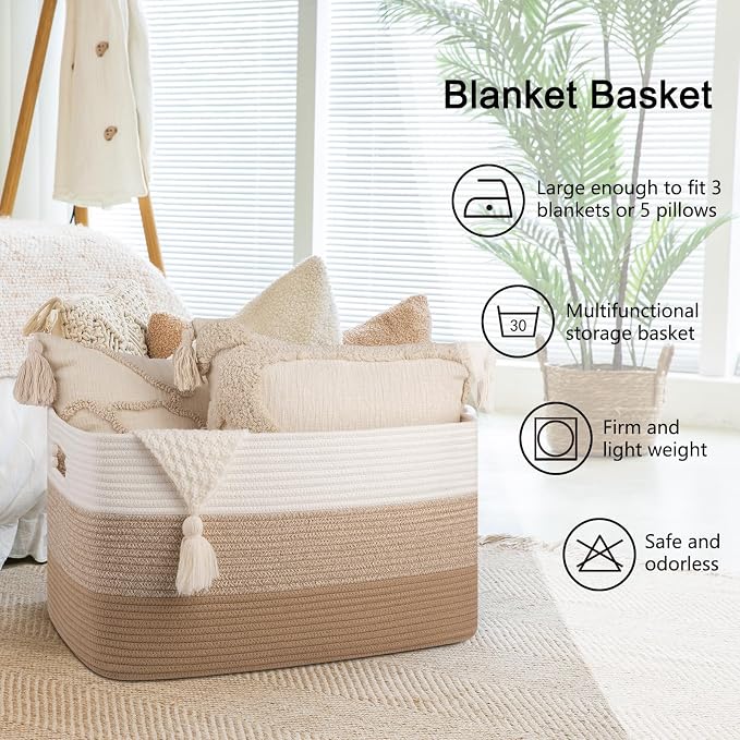 OIAHOMY Blanket Basket Laundry Basket Dog Toy Basket 75L Light Yellow | Large - Image 6