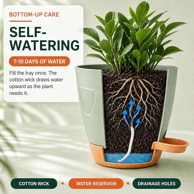 Self Watering Planter Pots for Plants, Drainage holes and saucers, - Image 3