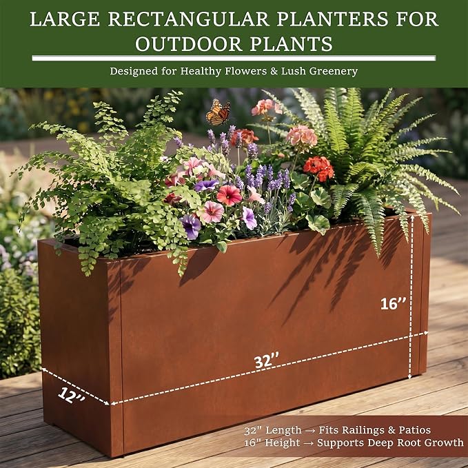 32 Inch Corten Steel Planter Box, Large Rectangular Planter | Weathering Steel - Image 2