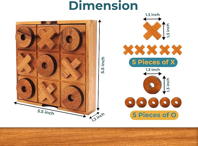 BSIRI Wooden Tic Tac Toe Game Coffee Tabletop XO Blocks Ideal - Image 4