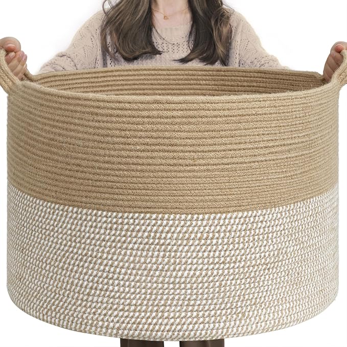 INDRESSME XXXLarge Woven Wicker Blanket Basket Living Room White Jute, 90L | by INDRESSME