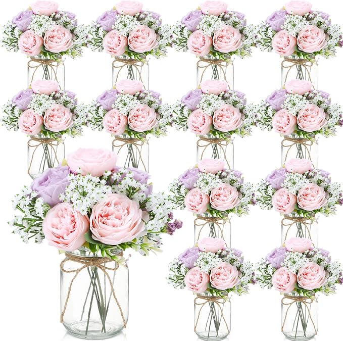 12 Sets Mason Jar Flowers Centerpiece Table Decorations, Artificial Peony by Zeyune