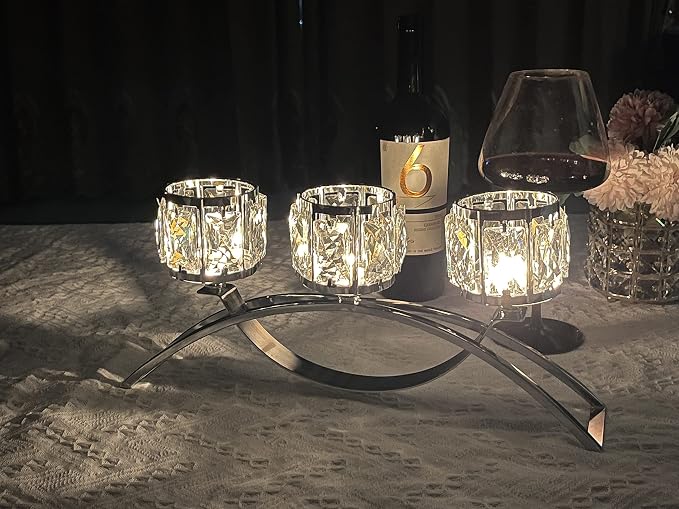 3 Arms Crystal Bowl Tealight Candelabra Votive Candle Stand, Wedding - Image 4