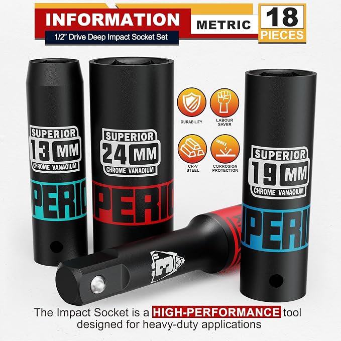 18 Piece 1/2" Drive Impact Socket Set, 10 mm - 24 mm Deep Socket - Image 3
