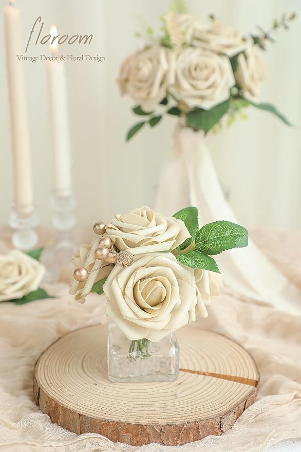 Artificial Flowers 25pcs Real Looking Beige Foam Fake Roses - Image 3