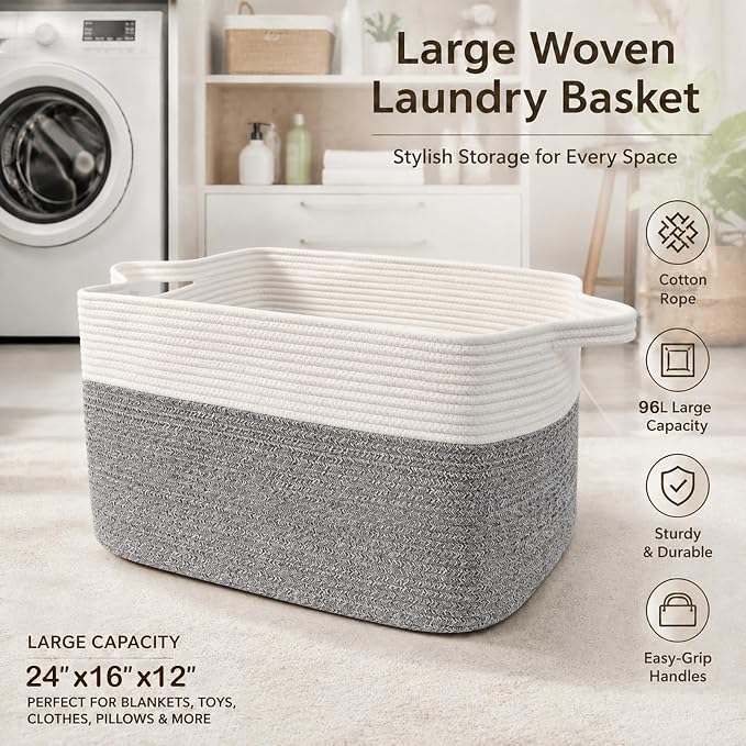 96L Laundry Basket with Handles, Extra Blanket Basket, Living Room - Image 5
