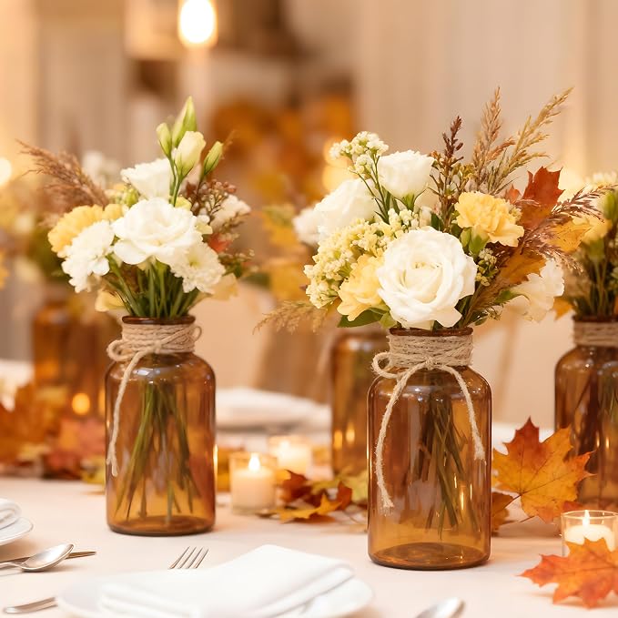 3 Pack Mason Jar Vases for Centerpieces, Amber Glass Flower Vase | Vintage - Image 5