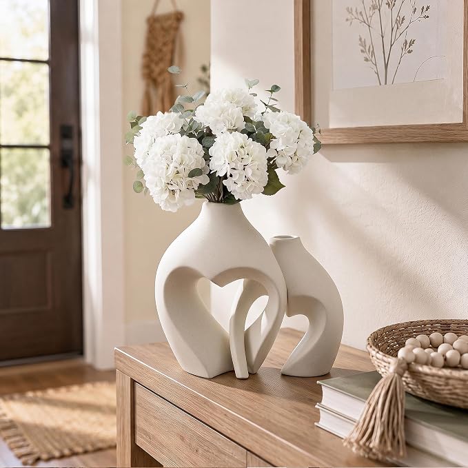 White Ceramic Flower Vase Home Table Decor Heart Shaped Vase Set of 2 | Boho - Image 8