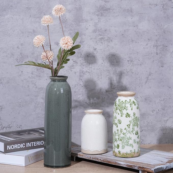 Vintage Ceramic Vase Set of 3, Flower Small Chinoiserie Vase Rustic Modern - Image 3