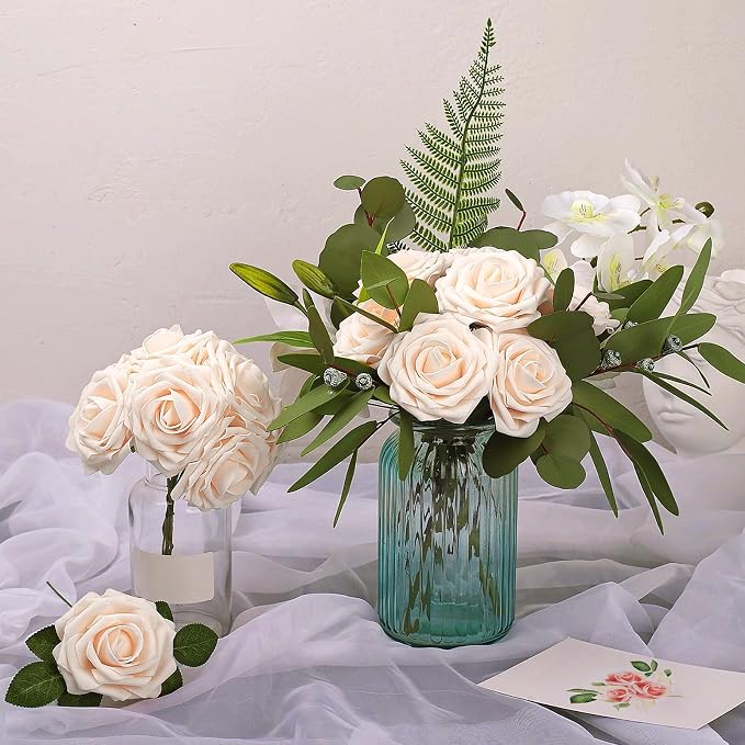 AmyHomie Champagne Rose 100pcs Real Looking Artificial Flowers w/Stem | Bouquet - Image 5