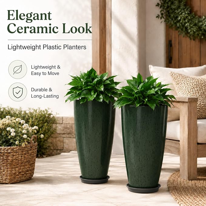 Neoaider Set of 2 Tall Planter, 21 inch Large Plastic Planter, Dark Green | - Image 2