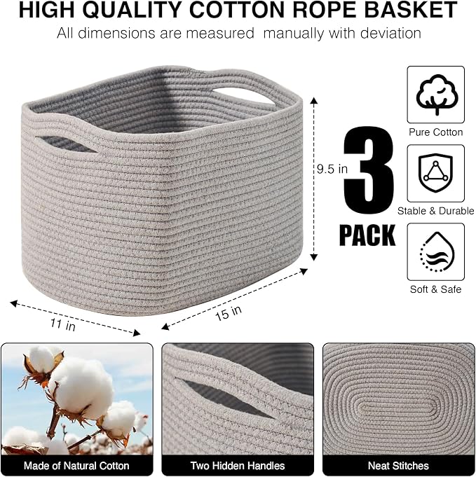 ICERZCZ Storage Baskets for Organizing Shelves, Woven Cotton Rope Bins for Baby - Image 3