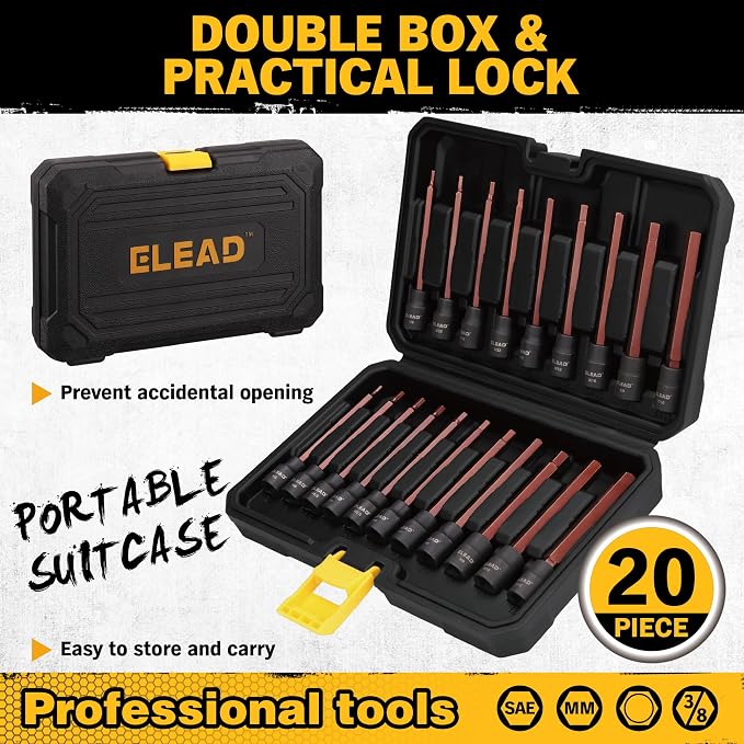 Extra-Long Allen Hex Bit Socket Set: 20-Piece 3/8 Inch Drive, 110mm S2 Steel - Image 5