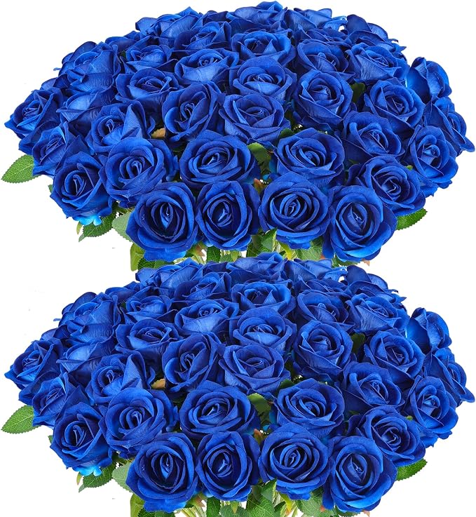 Hananona 50 Artificial Roses in Bulk, Fake Silk Roses Realistic Blue Roses by HANANONA