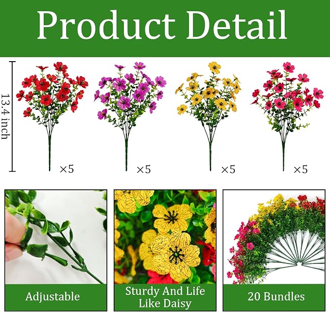 20 Pcs Artificial Flowers for Outdoors Fake Flowers UV Resistant, Artificial - Image 3