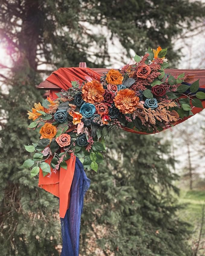 FACINOC Roses Artificial Flowers Teal Orange Bouquet Fall Fake Flower Combo | - Image 4