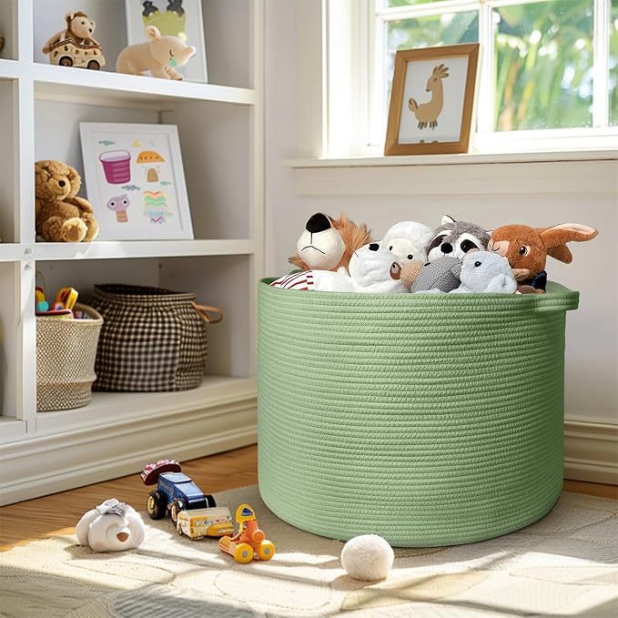 115L Oversized Green Basket, 23.6"x15.7" Woven Cotton Rope Bin - Image 4