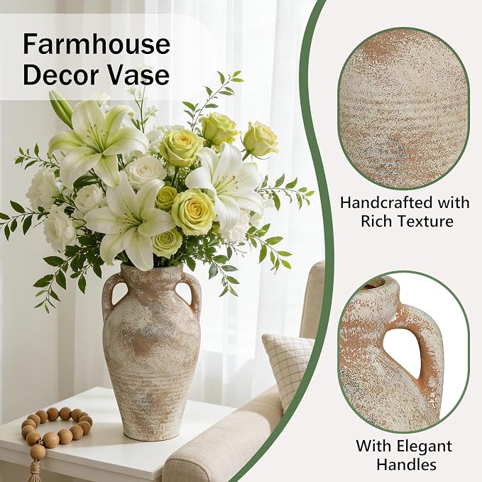 Ceramic Flower Vase with Handles, 11 Inch Terracotta Tall Vase | Farmhouse - Image 3