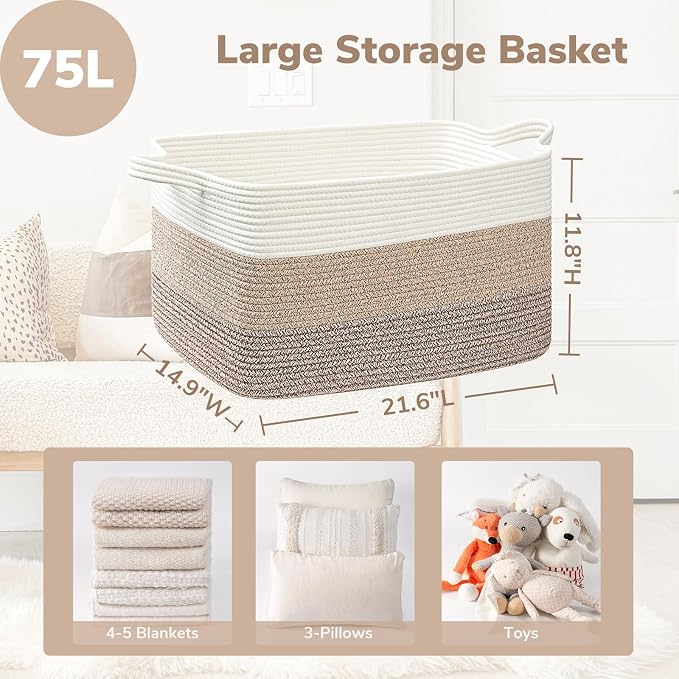 Goodpick Large Woven Rope Blanket Basket, Light Brown | 21.6'' x 14.9'' x - Image 3