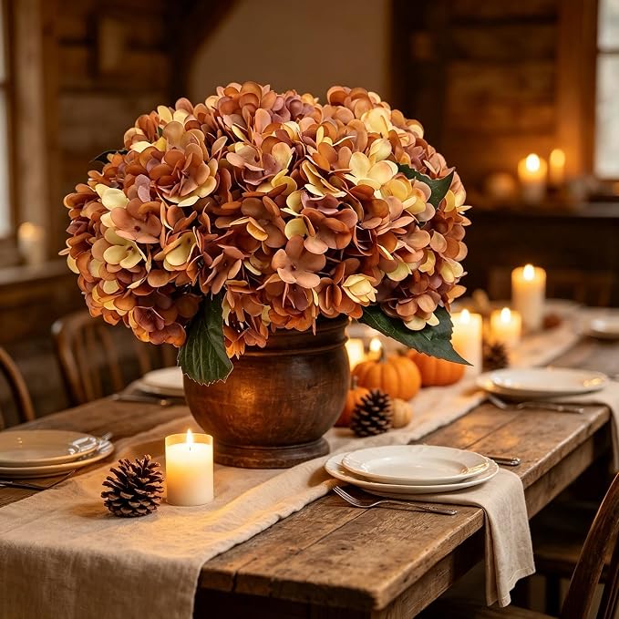 Kimura's Cabin 6Pcs Hydrangea Artificial Flowers Fall Flower, Autumn Yellow | - Image 3