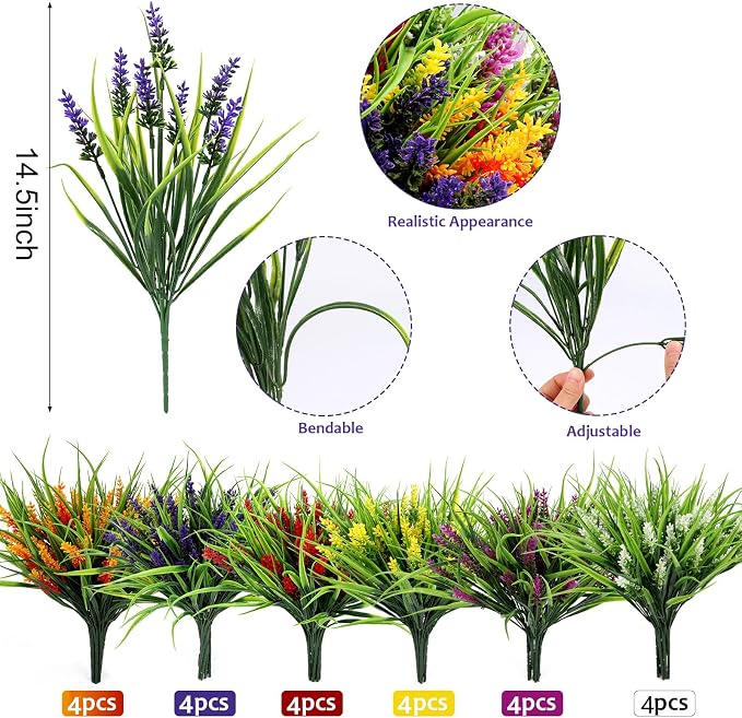 24 Bundles Artificial Plants Flowers Outdoor, UV Resistant, Mix 6 Colors | Faux - Image 3