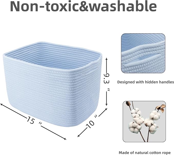 XUANGUO Woven Cotton Rope Storage Baskets 15x10x9.3" 3 Pack Light Blue | - Image 2