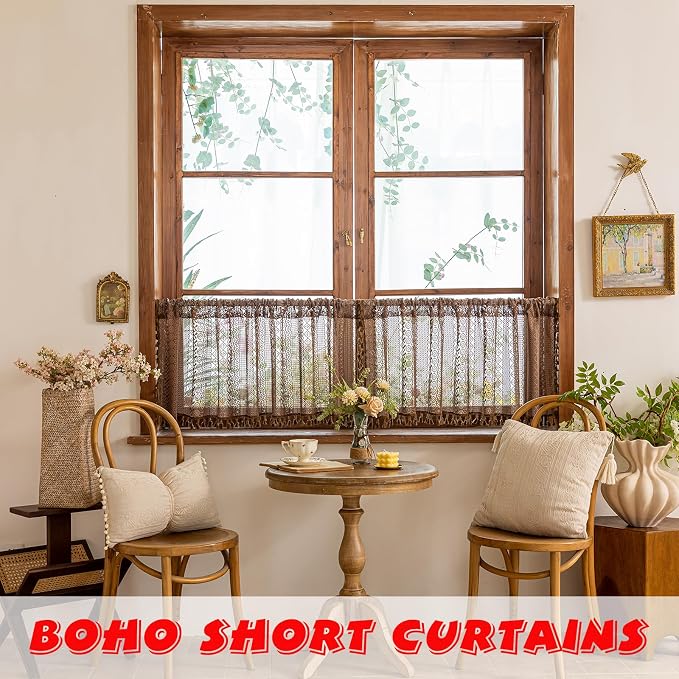 Sutuo Home Dark Coffee Boho Short Curtains Valance - Image 2