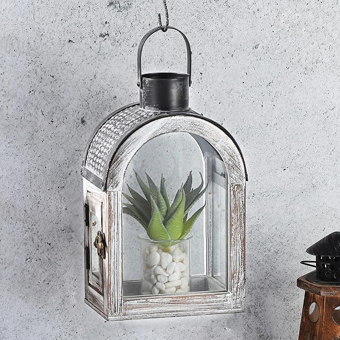 11" High Farmhouse Decorative Lanterns, Glass and Metal, Distressed White Wood - Image 5