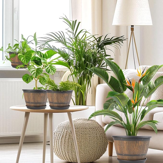 10-inch-Plant-Pots-Indoor-Outdoor, 4 Pack Whiskey Barrel Planters - Image 2