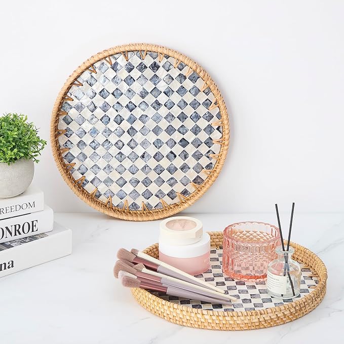 Round Rattan Tray with Mother of Pearl Inlay, Rattan Serving Tray with Wooden - Image 3