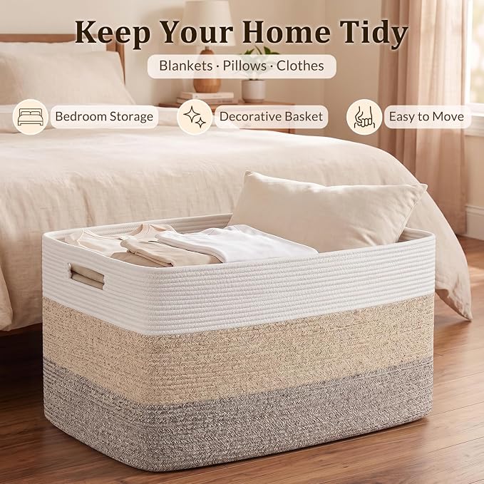 OIAHOMY 108L Super Large Blanket Basket, 25”x16”x16” Rectangle Woven Baskets - Image 5