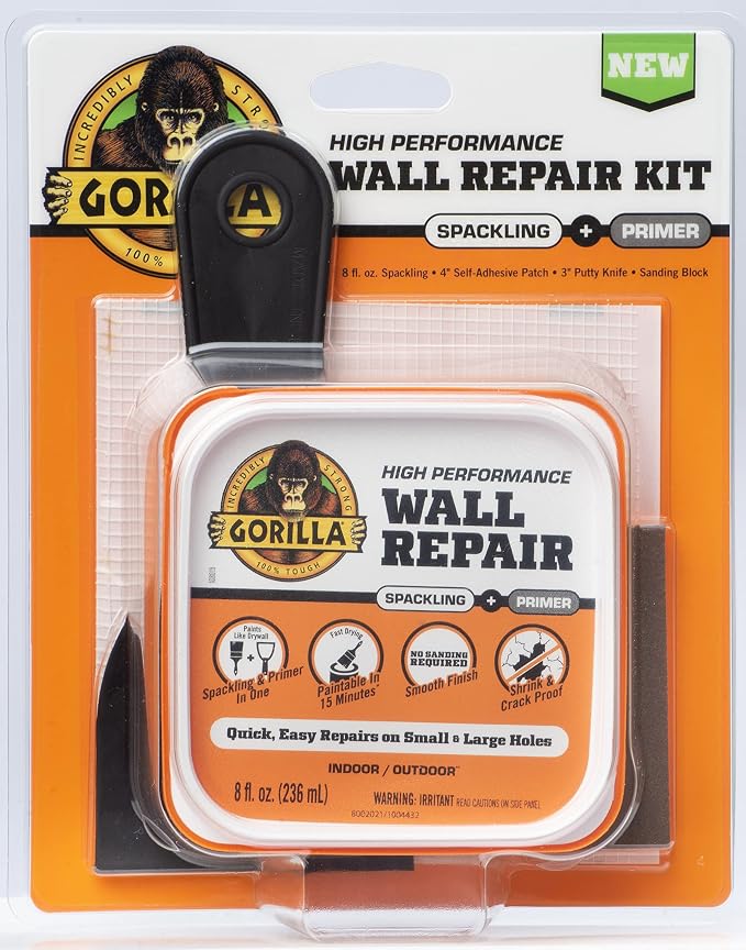 GORILLA Wall Repair Kit, Heavy Duty Spackling, 8 fl oz Tub, 4 in Patch | by Gorilla