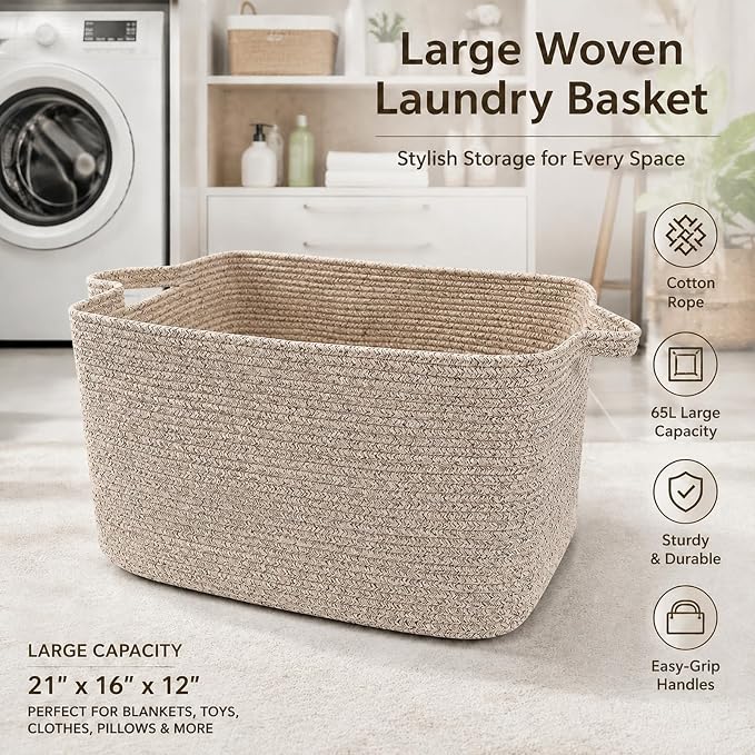 65L Large Laundry Basket with Handles, Woven Blanket Basket, Living Room - Image 4