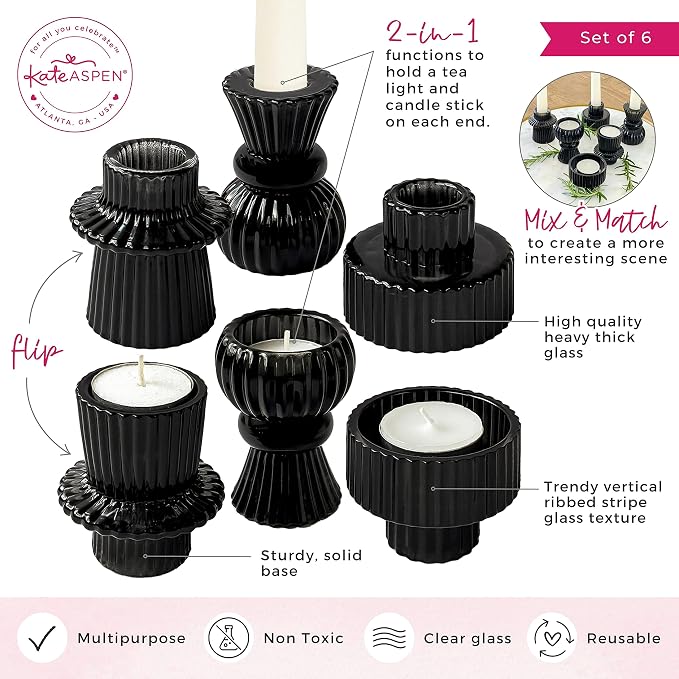 Kate Aspen Vintage Ribbed Glass Black Candlestick Holders, Pillar Candle - Image 5
