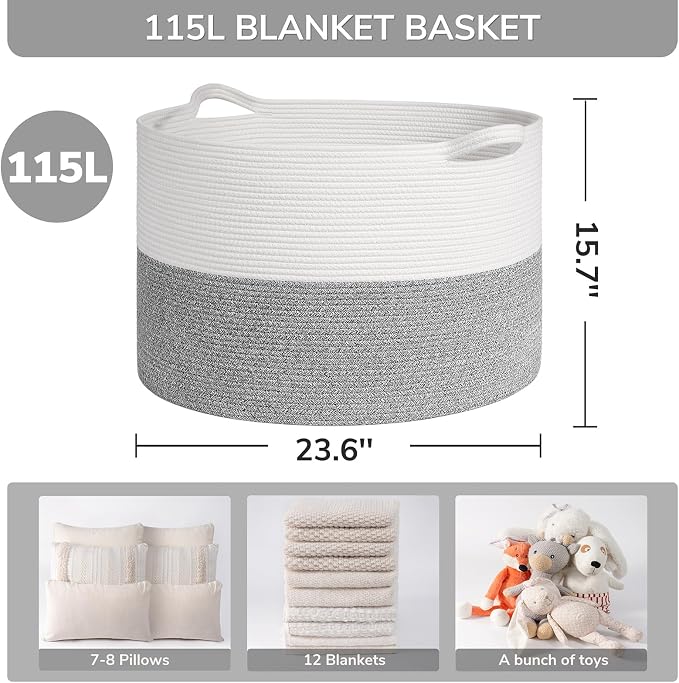 INDRESSME 115L Extra Large Woven Rope Blanket Basket Living Room Light Grey | - Image 2