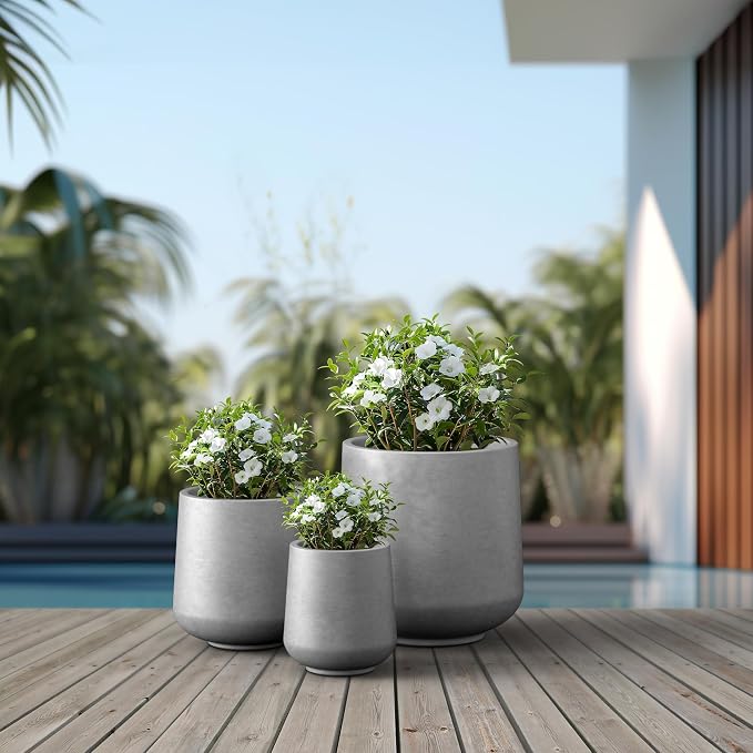 Kante Set of 3 Pale Gray Concrete Curved Planters 16.5" 13" 9.4" Dia | Drainage - Image 7