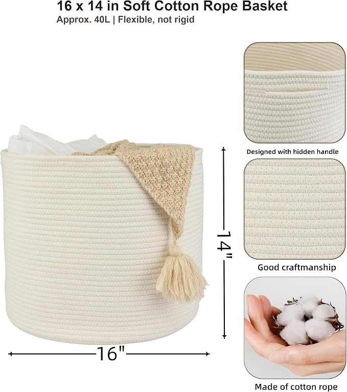 XUANGUO Cotton Rope Basket For Girls Boys Kids 16”X14” White | Baby Laundry - Image 2