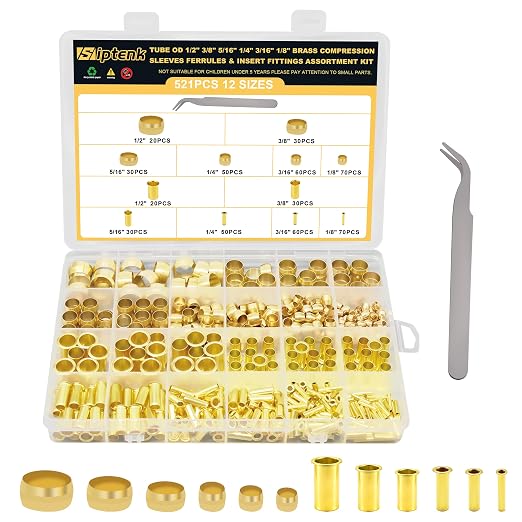 Siptenk 520PCS Brass Compression Sleeves Ferrules Inserts Fittings Kit | 6 by Siptenk
