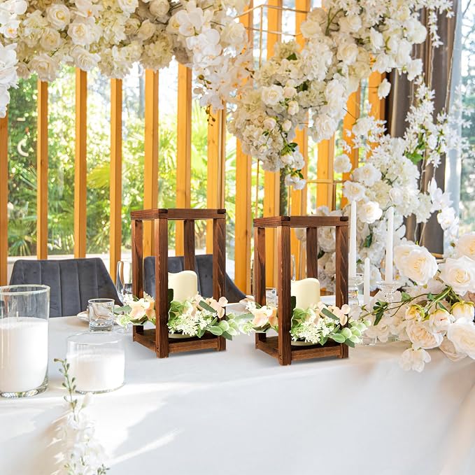 Hushee 60 Pcs Wooden Wedding Lantern Centerpiece Candles Wreaths Set, LED - Image 6