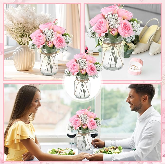 6 Sets Mason Jar Flowers Centerpiece Table Decorations, Coral Pink | Faux - Image 5